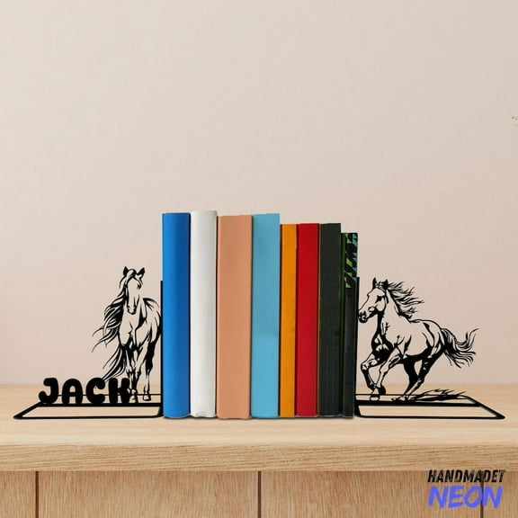 Handmadetneonsign Horse Metal Bookends, Horse Name Bookend, Horse Lover Gift Table Bookshelf Decor 80305