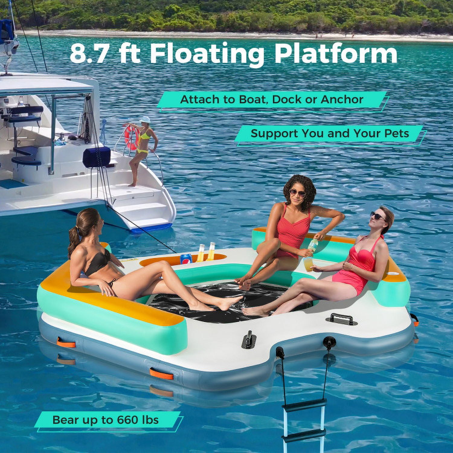 Spaco 8.7 Feet Inflatable Floating Dock, Inflatable Floating Dock with Detachable Ladder and Mesh Swim Lounge, Comfortable Floating Lounge for Outdoor, White