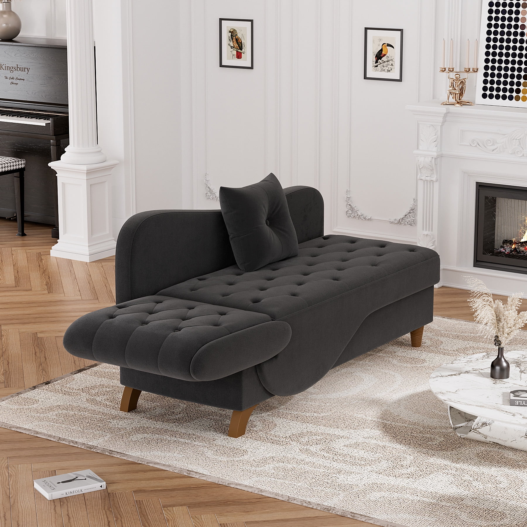 Wiilayok Chaise Lounge Chair Indoor Furniture with Storage Pillow,Adjustable Recling Sleeper Sofa Lounge Chair,Velvet Futon Sofa Couch Bed for Living Room Bedroom,Black