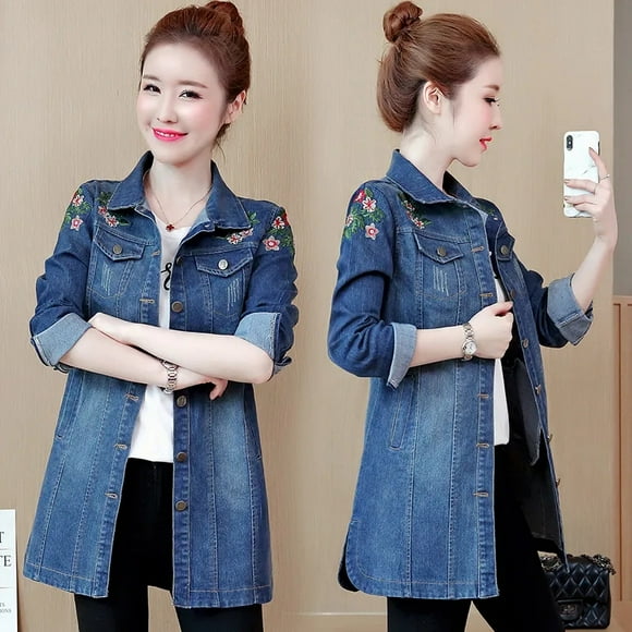 Denim Jacket Womens Spring Autumn 2024 New Korean Fashion All-match Jeans Coat Female Large Size Long Embroidered Outerwear Xinyi