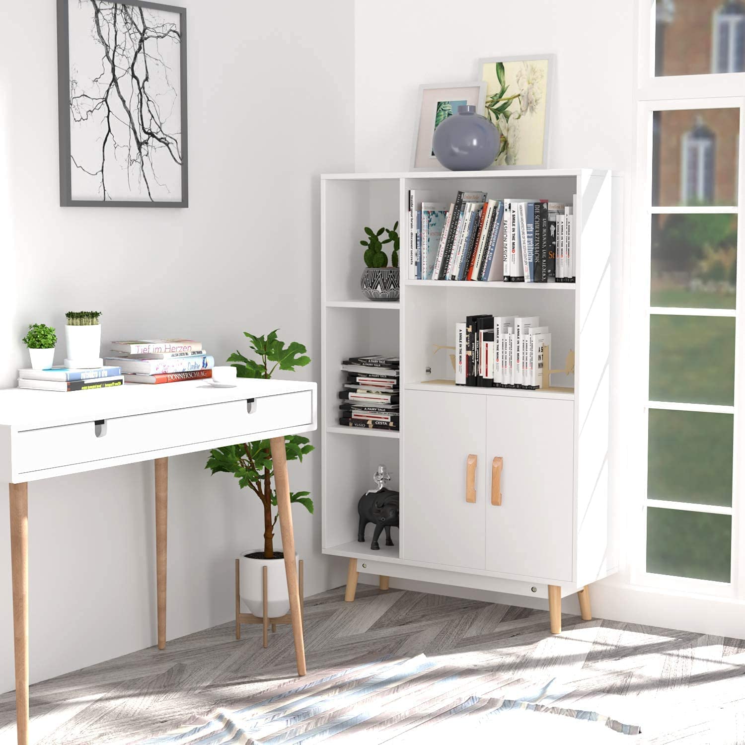 Homfa 5 Cube Bookcase with Door, Open Shelves Free Standing Storage Cabinet with Solid Legs, White Finish - image 2 of 12