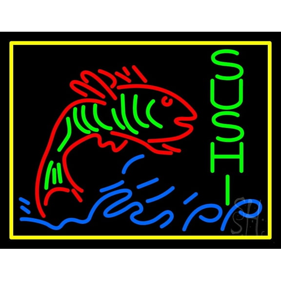 Vertical Green Sushi With Fish Logo LED Neon Sign 24 x 31 - inches, Black Square Cut Acrylic Backing, with Dimmer - Bright and Premium built indoor LED Neon Sign for restaurant decor.