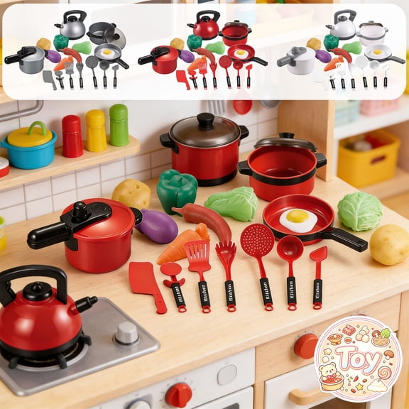 Kitchen Cookware Pretend Playset with Induction Cooktop, Cuttable Fruits Vegetables, Cooking Pretend Play Toys, Role Play Kit, Christmas Birthday Gifts, Toys for Age 3 Toddler Baby Kids Boys Girls