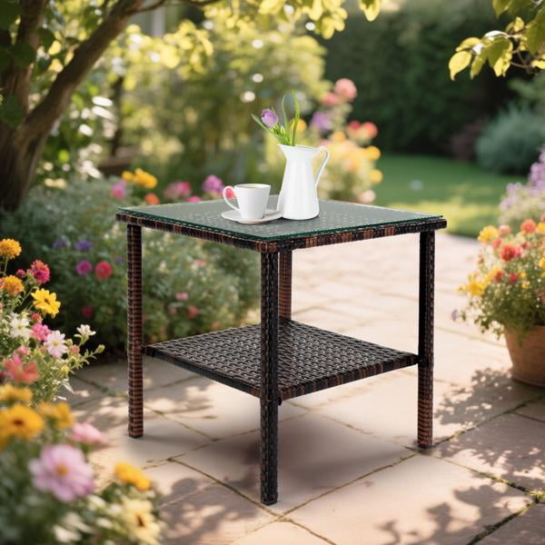 Square Double Layer Glass Top Side Table, Brown Gradient Rattan, Steel Frame, Outdoor Patio Furniture