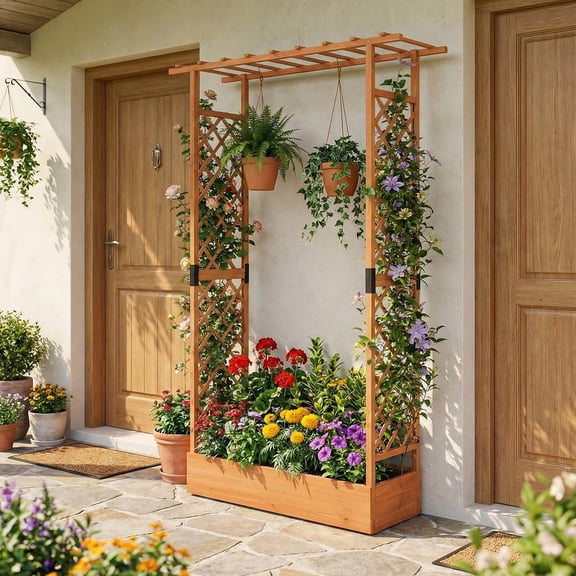 DRAZUNO 89” Wooden Raised Garden Bed w/Trellis & Hanging Roof, Drainage Holes for Patio