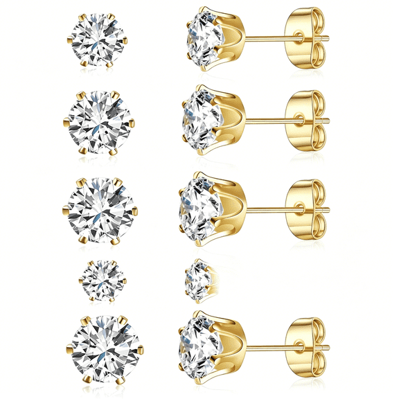 DESIGNICE 5 Pairs Princess Cut Cubic Zirconia Stud Earrings for Women/Men-18K Gold Plated Hypoallergenic 3-7Mm Square Clear Cz Earring Set