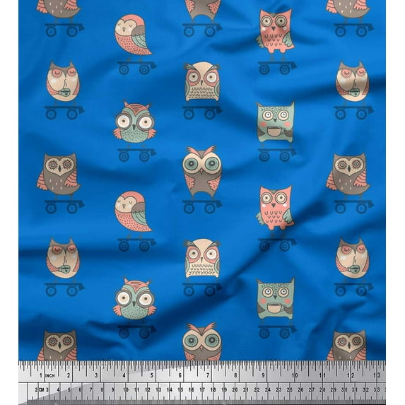 Soimoi Blue polyester Crepe Fabric Skates & Owl Cartoon Print Fabric by Yard 42 Inch Wide
