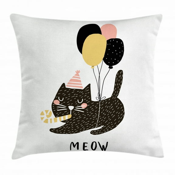 Cat Throw Pillow Cushion Cover, Birthday Party Feline with Balloon and Hat Hand Drawn Festive House Pet, Decorative Square Accent Pillow Case, 16 X 16 Inches, Pale Pink Pale Brown Black, by Ambesonne