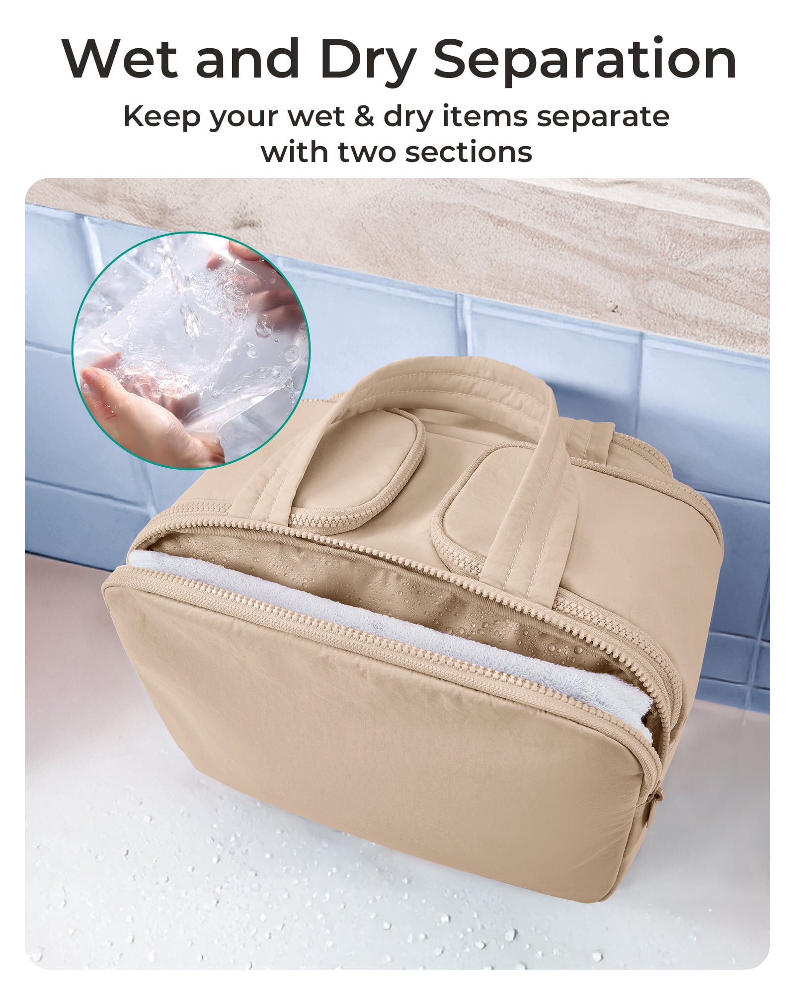 BAGSMART Crush Toiletry Bag for Travel, Lightweight Large Wide-open Travel Bag for Women, Puffy Cosmetic Makeup Bag Organizer with Handle for Accessories,Essentials, Toiletries, Khaki