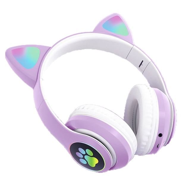 Auriculares Bluetooth para niños con orejas de gato, plegables, inalámbricos, con luces LED y micrófono para niñas, control de volumen seguro para la escuela, tableta, teléfono y PC