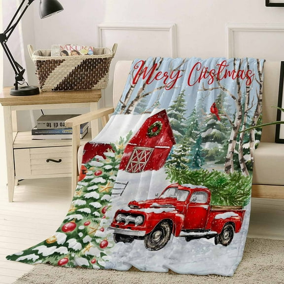 Christmas Red Barn Truck Throw Flannel Blanket 40x50In Winter Xmas Tree Snowflake Cardinal Super Soft Cozy Bed Blanket, Lightweight Plush Fuzzy Bed Throw for Bedroom Sofa Couch Living Room