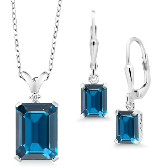 Gem Stone King 925 Sterling Silver London Blue Topaz Pendant and Earrings Jewelry Set for Women (13.49 Cttw, Gemstone Birthstone, Emerald Cut with 18 inch Chain)