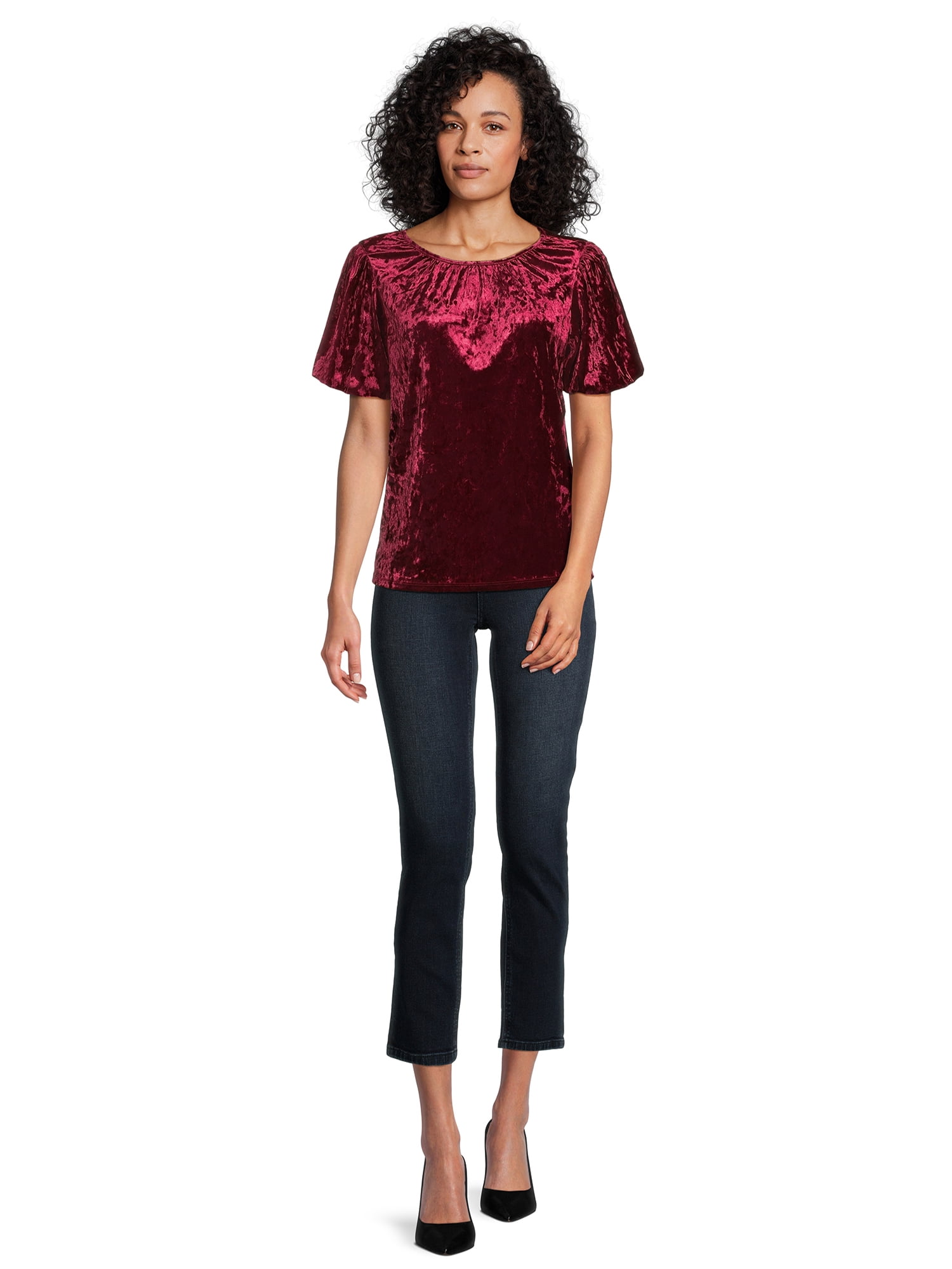 Time and Tru Women's Crushed Velvet Top with Short Sleeves, Sizes XS-XXXL