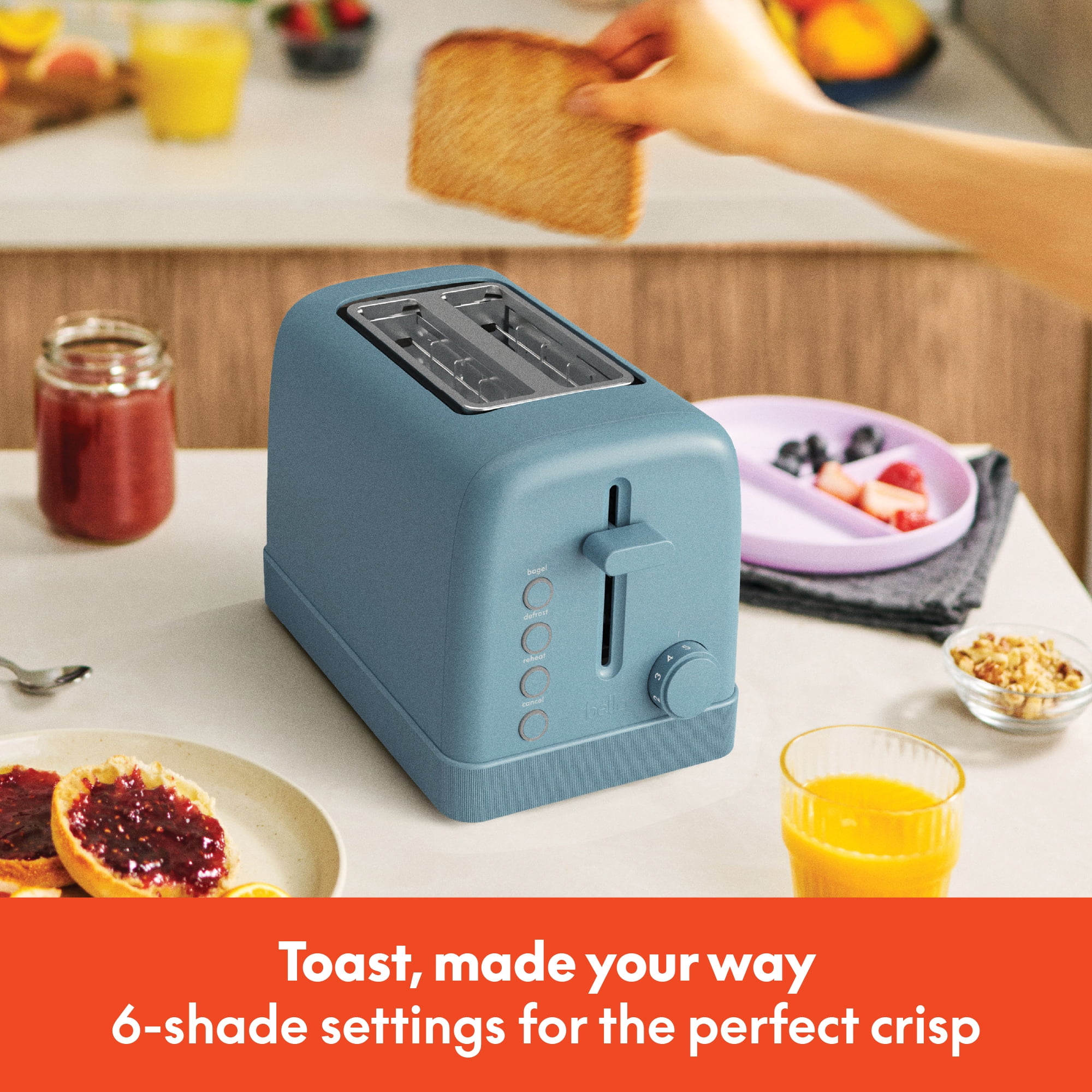 bella 2-Slice Toaster, 6 Setting Shade Control with Reheat, Cancel, Bagel & Defrost Buttons, Removable Crumb Tray, Anti Jam & Auto Shutoff, Surf
