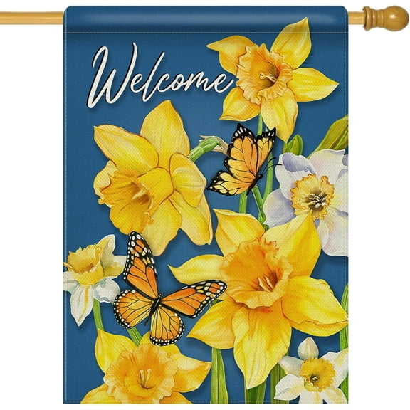 Welcome Spring Daffodil Flower 28 x 40 House Flag Double Sided, Summer Yellow Floral Butterfly Garden Yard Decorations, Seasonal Burlap Outdoor Decor Decorative Large Flag