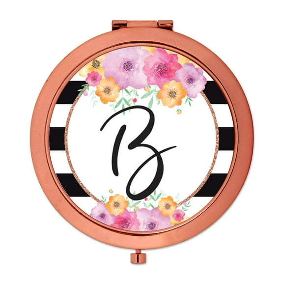 Koyal Wholesale Compact Mirror Bridesmaid's Wedding Gift, Rose Gold, Monogram Letter B, Modern Black White Stripes