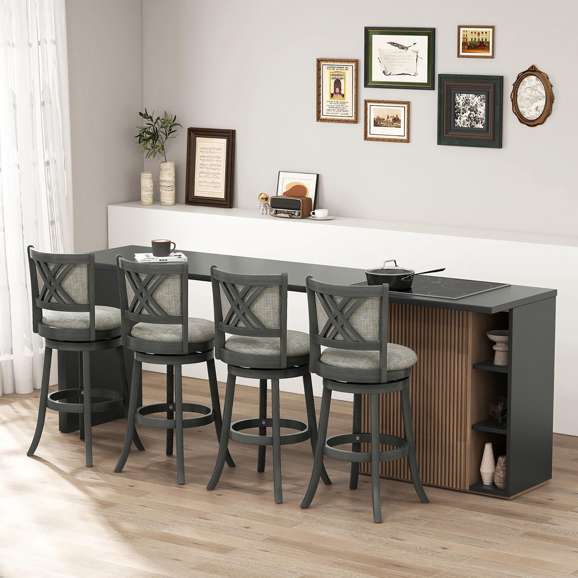 Gymax Swivel Bar Stools Set of 4 w/ Soft-padded Back & Seat Sturdy Wooden Frame