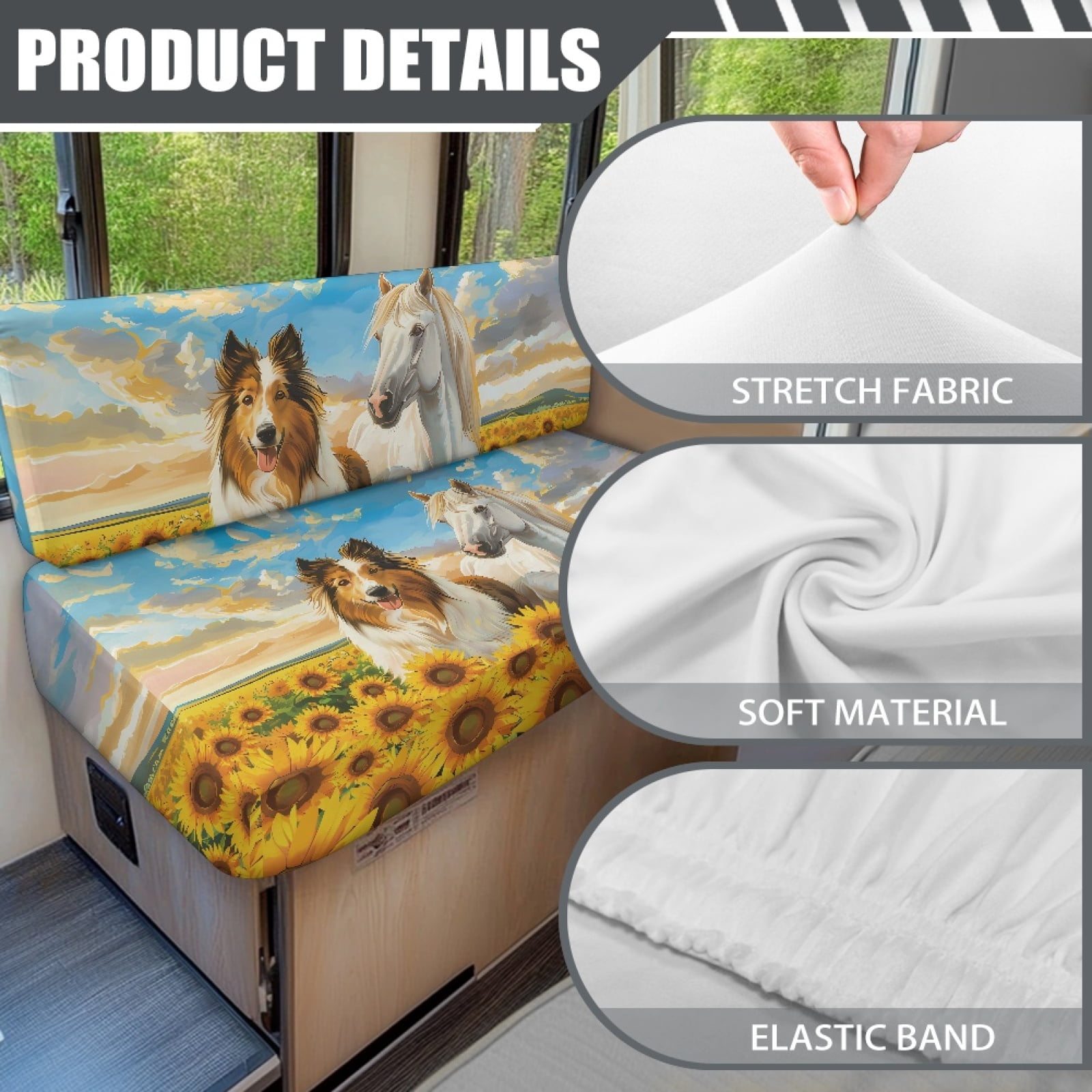 Kuiaobaty RV Dinette Cushions Covers RV Stretch Sofa Seat Slipcovers with 1 Backrest Cover & 1 Bench Cover Home & Kitchen Accessories for RV, Blue Sky Sheltie Dog Horse Sunflower Pattern
