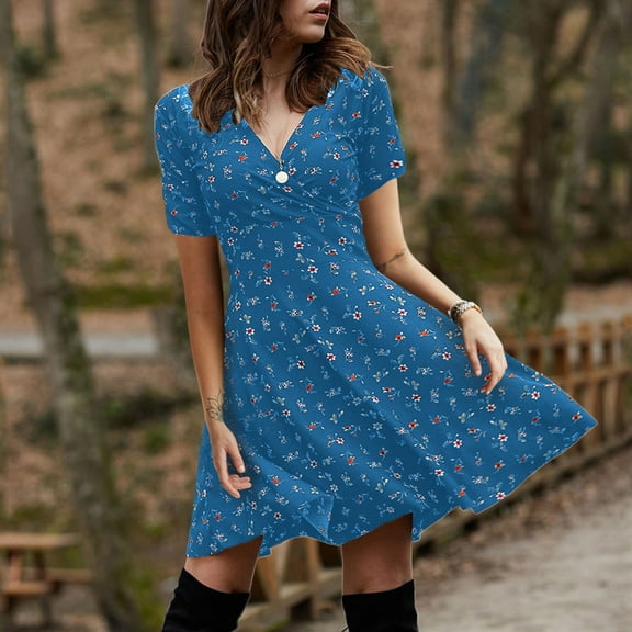 WHLBF Plus Size Dress for Women V Neck Manches Short Sleeve Robe Retro Elegant Party Club Casual Dress Blue L(L)
