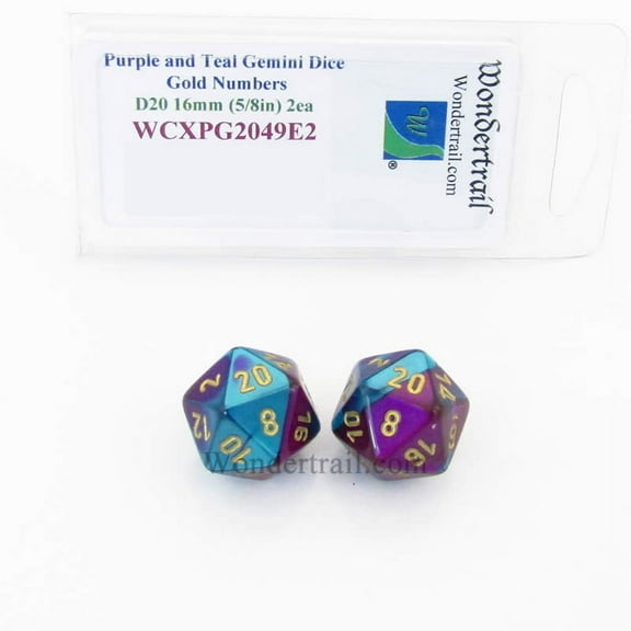 Purple and Teal Gemini Dice with Gold Numbers D20 Aprox 16mm (5/8in) Pack of 2 Wondertrail