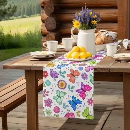 Watercolor Butterflies Flowers Table Runner 13x60in Non-Slip Cotton Linen Table Runners Abstract Floral Plant Dresser Scarves TableRunner for Dinner Kitchen Dining Wedding Party