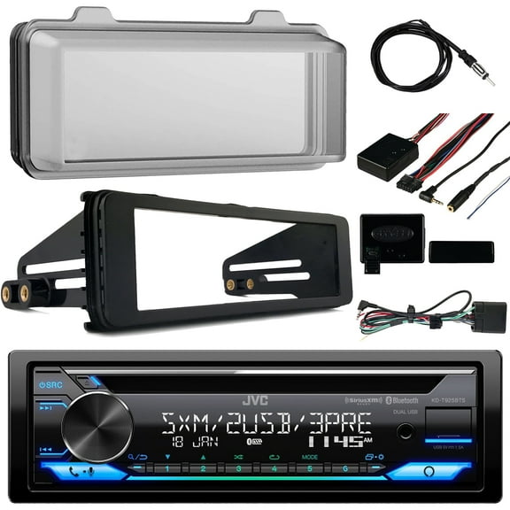 Single DIN AM/FM Radio USB AUX CD Bluetooth Media Receiver W/ Cover - Bundle With Install Dash Kit   Handle Bar Control   Wired Antenna for 98 2013 Touring FLHT FLHX FLHTC Motorcycle Bike