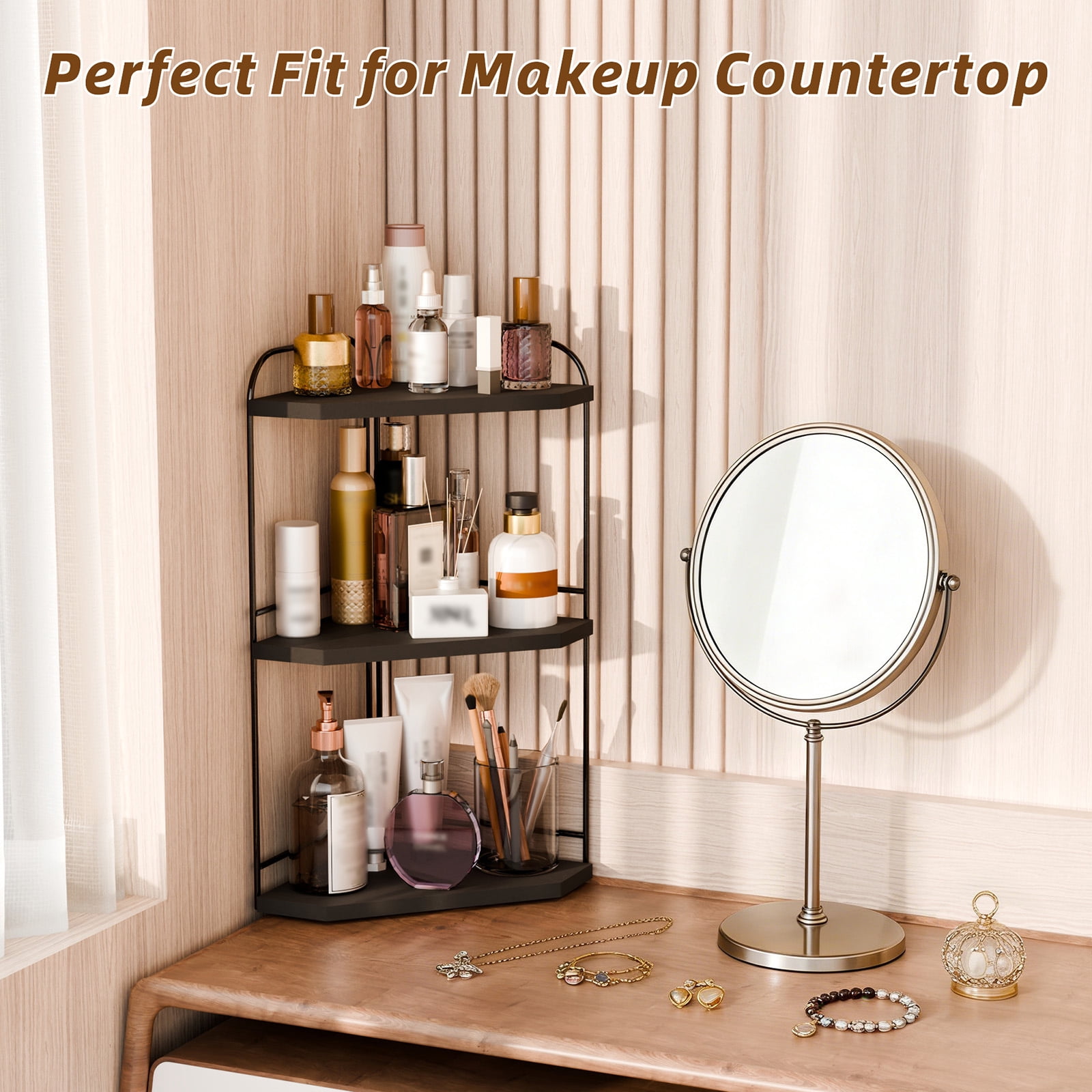 Corner Bathroom Counter Organizer, 3-Tier Wood Countertop Organizer for Perfume, Makeup Storage, Skincare Organizers for Vanity, Counter Corner Shelf for Kitchen, Bathroom, Dresser (black)