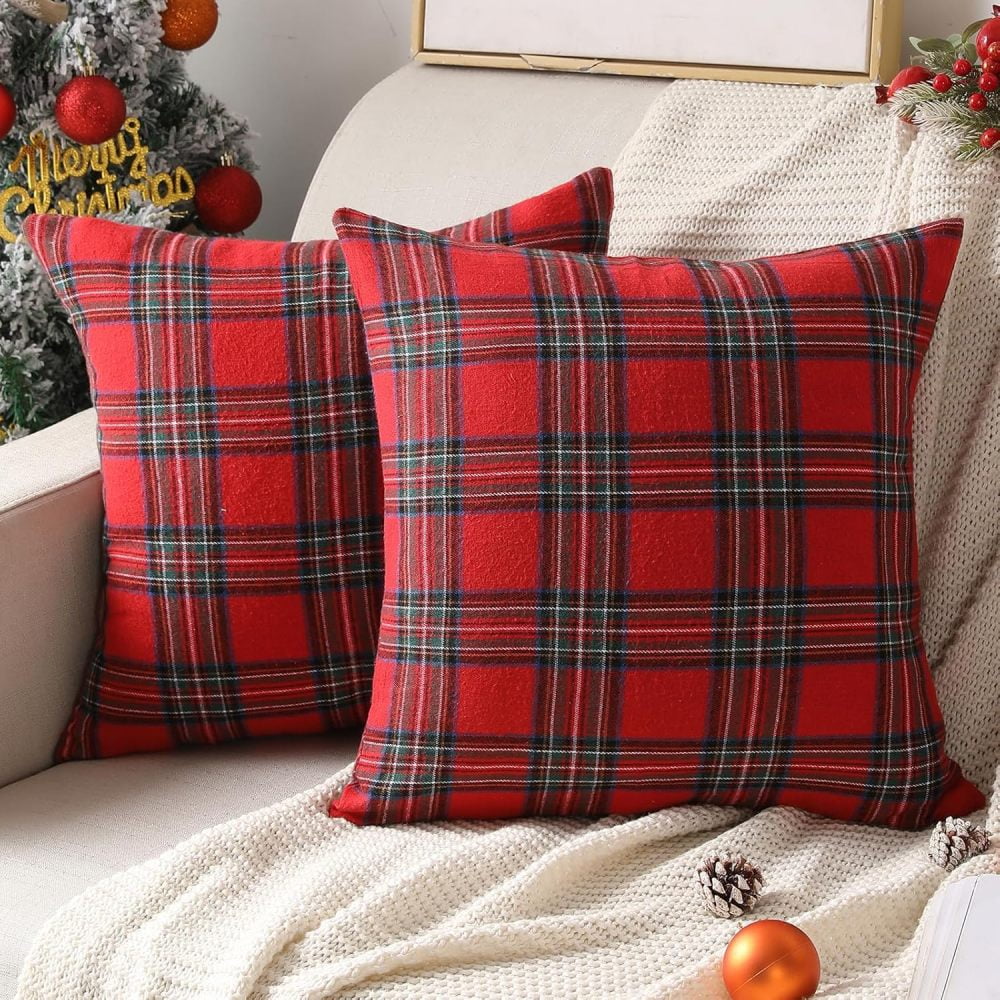 Christmas Pillow Cover 20x20 Set of 4 - Red Tartan Checkered Throw Pillow Cover, Farmhouse Buffalo Plaid Xmas Decorative Cushion Case for Couch Sofa, Christmas Holiday Decor