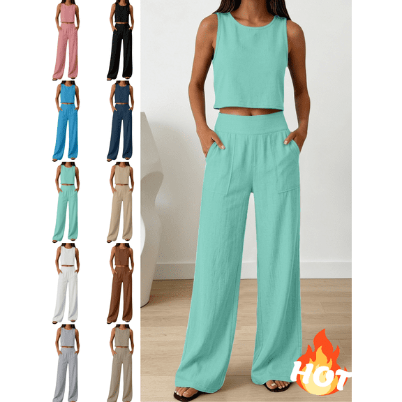 Mifsaly 2 Piece Linen Sets for Women Summer Casual Vacation Beach Matching Outfits Crop Tank Top and High Waisted Wide Leg Pants with Pockets Light Blue,XXXL