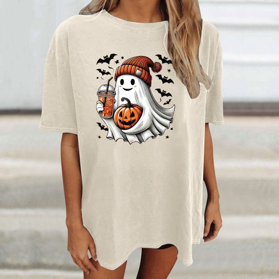 Rhuody Womens Halloween T Shirts Casual Short Sleeve Tee Graphic Prints O Neck Hallowmas Tops Durable Fall Clothing 2Xl Beige