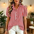 thumbnail image 5 of Womens Striped Pattern Shirts Short Sleeve Button Ruffle Stand Collar Shirt Puff Tighten Cuffs Fashion Top Summer Dressy Casual Loose Tops L Red, 5 of 5