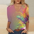 thumbnail image 2 of Tmtolofot Womens Basic Shirts Feather Printed Blouses 3/4 Sleeves Tops Mardi Gras Funny Blouse Festive Carnival Costume T-Shirt 2025 Spring Clothing,#2_Multicolor,Large, 2 of 4