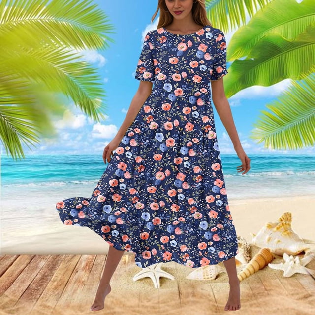 LOVZFMLL Robe Décontractée pour Femme à Imprimé Floral, Manches Courtes, Col Rond, Robe Longue Fluide à Étages pour la Plage, Bleu Marine, TG