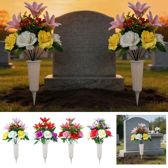 Roiihwy Artificial Cemetery Flowers for Grave Outdoor, Silk Floral Arrangement Fake Rose Flowers Memorial Flowers for Grave Vase Outdoor Table Decor