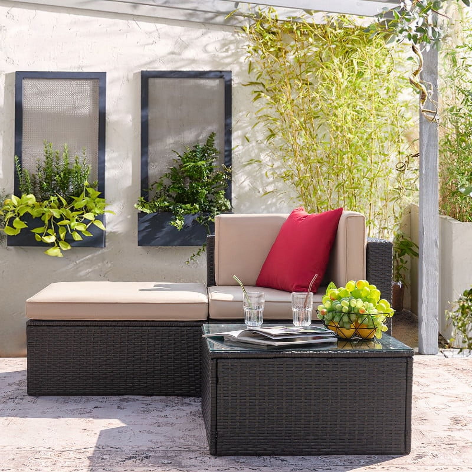 Devoko Outdoor Sectional Sofa PE Rattan Patio Furniture Sets with Cushions and Table,Beige