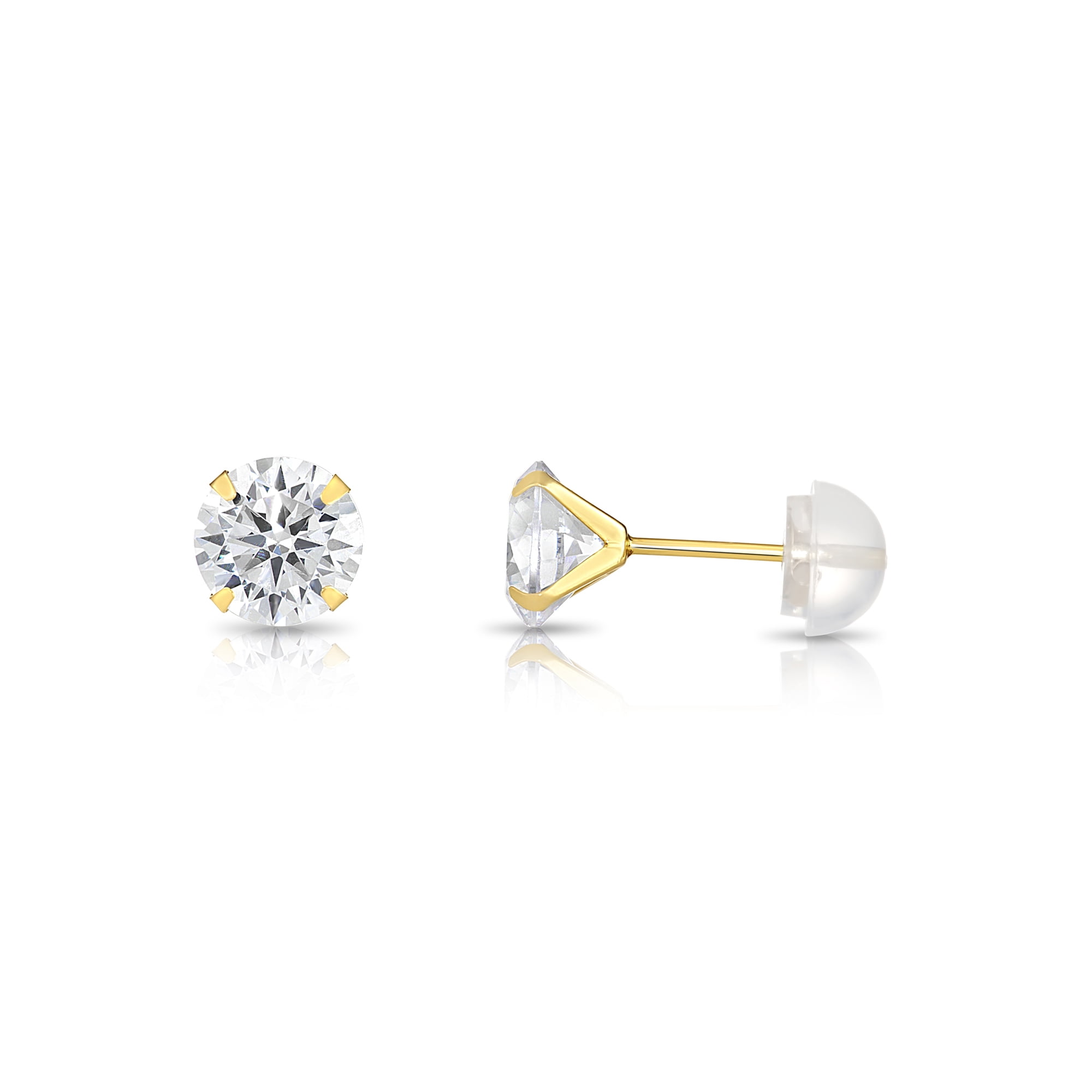 Tilo Jewelry 14K Yellow Gold Solitaire Round CZ Stud Post Earrings with Comfortable Silicone-backs | 6mm | Classic Everyday Earrings | Women, Men, Unisex