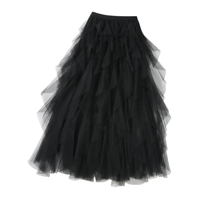 Prolriy Jupe Midi Irrégulière en Maille Jupe Mi-Longue Jupe à Étages pour Femmes Jupe Longue Pochée pour Femmes Noir G