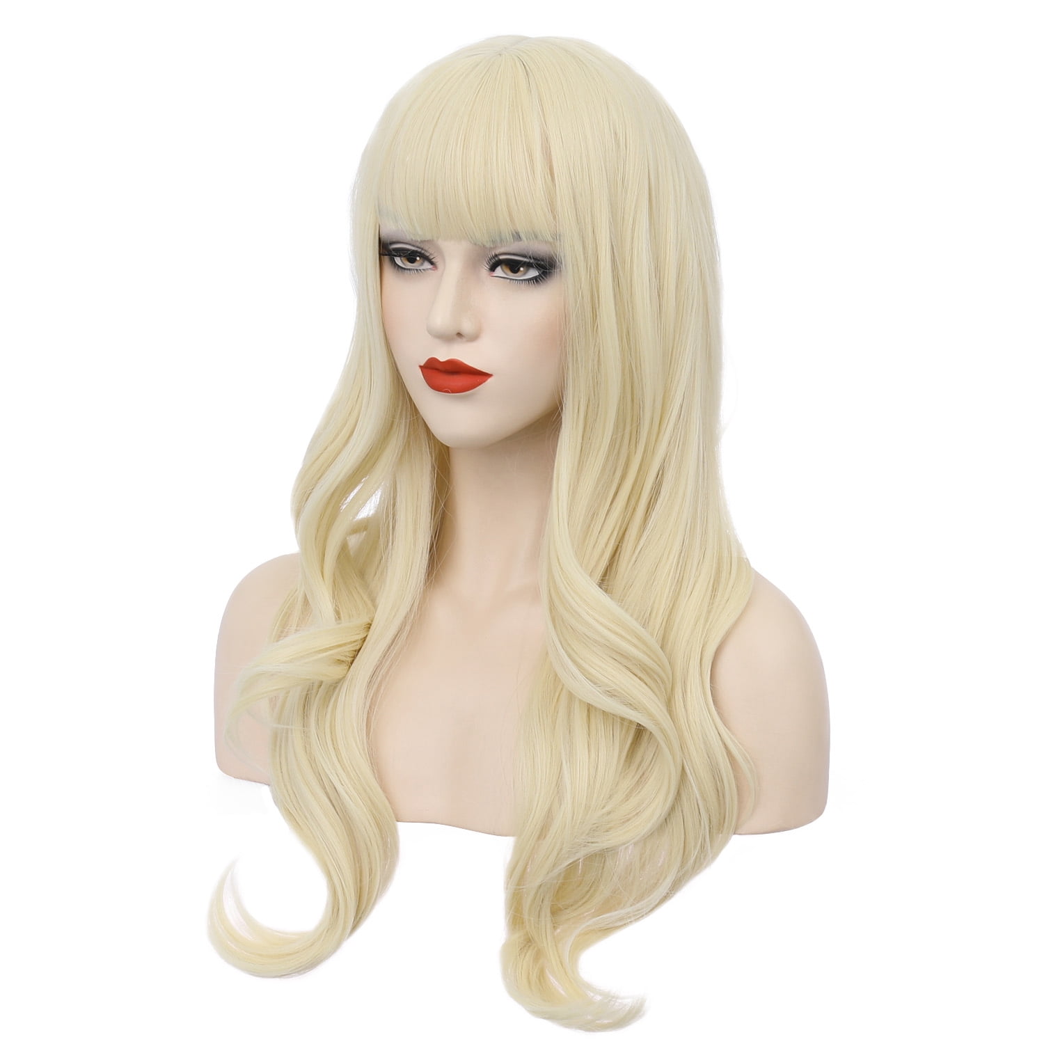 RightOn Blonde Wig Long Wavy Wig with Bangs Women Synthetic Wig Long Wig Light Blonde Wigs for Cosplay Costume Party with Hairnet