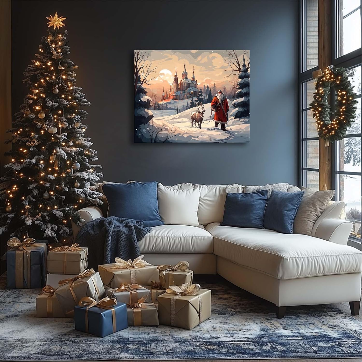 Christmas Santa Claus and Reindeer in Winter Wonderland Canvas wall art decor, Festive Wall Art for Living Room or Office, Holiday Home Decor with Scenic Snowy Landscape and Classic Santa 11X14inch