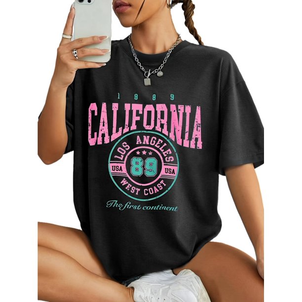 1pc Women'S Fashion Casual Tee, Cotton Crew Neck T-Shirt with Artistic Alphabet Print, Knit Fabric Summer Top, Regular Length - California Los Angeles Motif