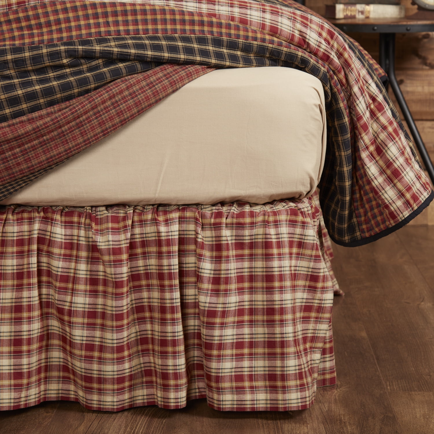 VHC Brands Crosswoods Plaid Cotton Bed Skirt - Twin Size, Natural Tan, Split Corners, Primitive Style - View #2