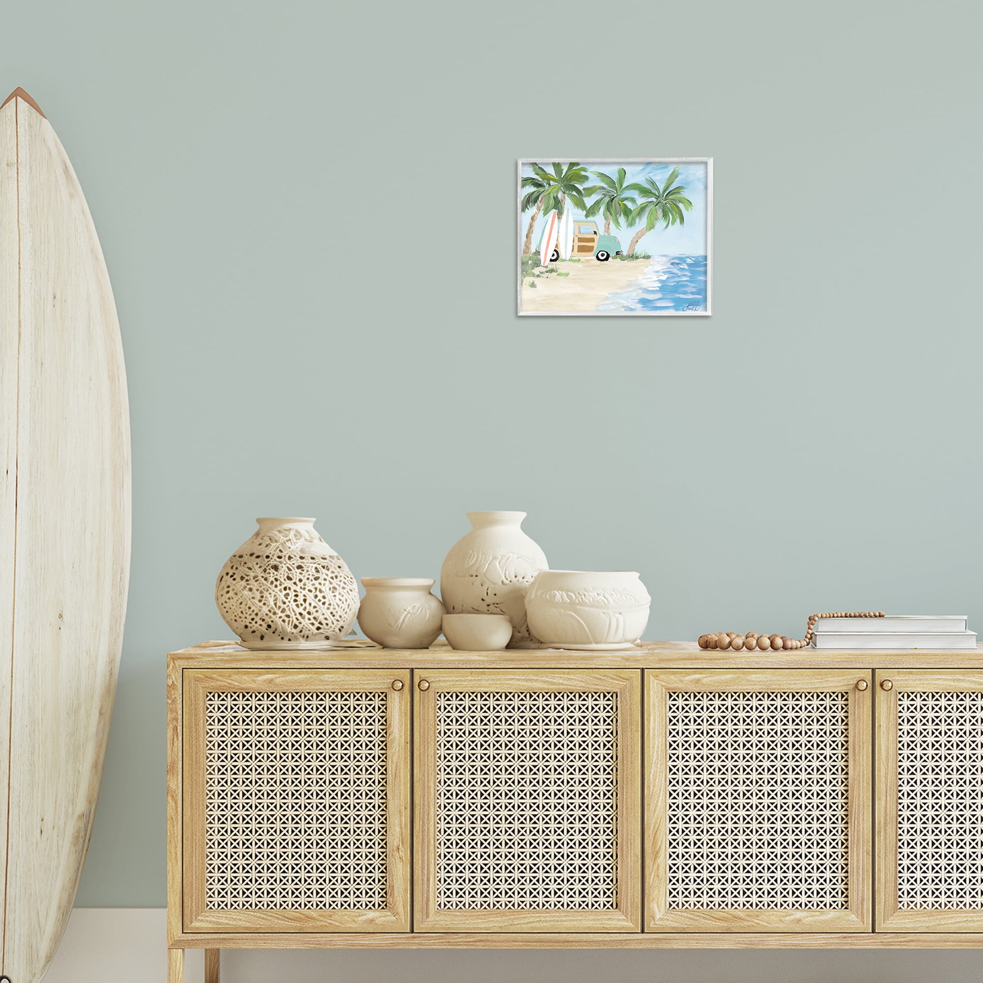 Stupell Industries Tropical Vacation Surfboards Landscape Painting White Framed Art Print Wall Art, 14 x 11