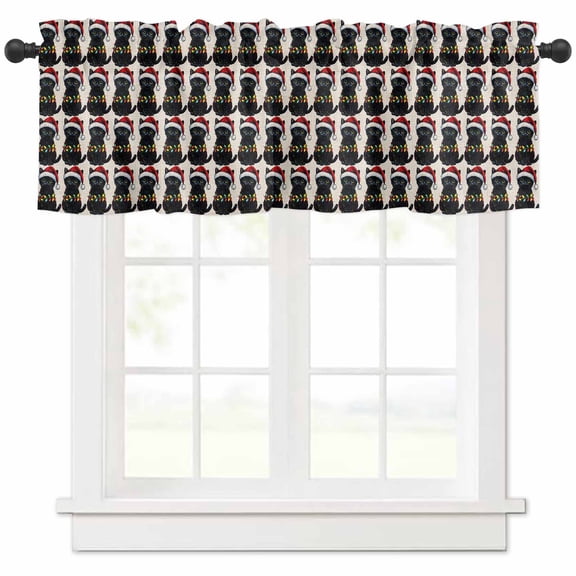 Christmas Valances for Windows, Winter Cat Santa Hat Beige Linen Background Light Filtering Window Treatment Valances, Rod Pocket Small Curtains for Kitchen/Bathroom, 54"x18"