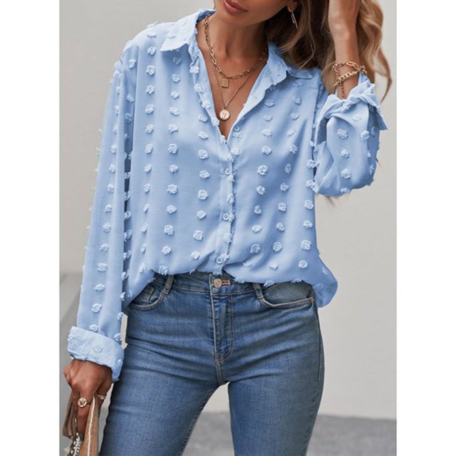 Blouse Womens V Neck Chiffon Blouse Long Sleeve Button Shirt Tops Pompom Button Down Solid Color Slim Tops