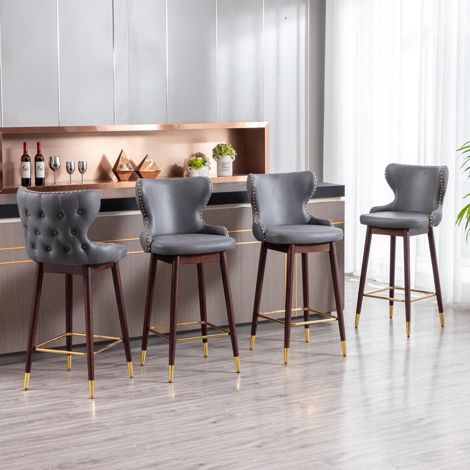 Yardi Yard Modern Leathaire Set of 2 Bar Stools with Back, 29.9" Tufted Gold Nailhead Trim Counter Height Stools for Pub Kitchen, Dark Gray Yardi Yard Modern Leathaire Set of 2 Bar Stools with Back, 29.9" Tufted Gold Nailhead Trim Counter Height Stools for Pub Kitchen, Dark Gray