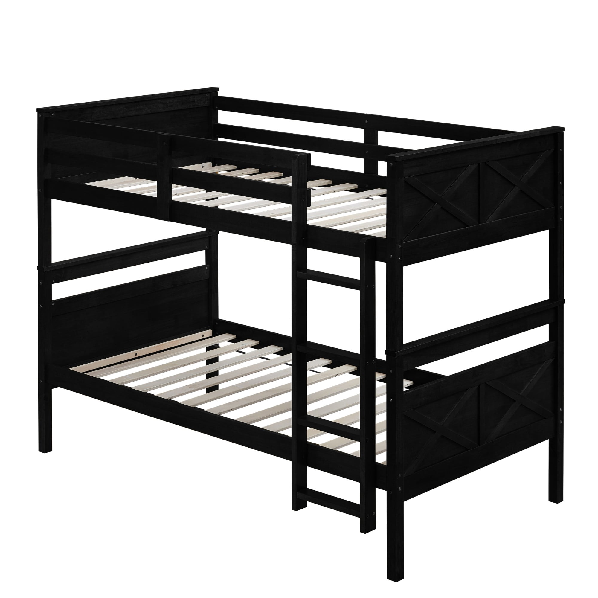 Home Design Exeter Twin Over Twin Solid Wood Bunk Bed Frame with Guardrails and Ladder, Black, Easy Assembly