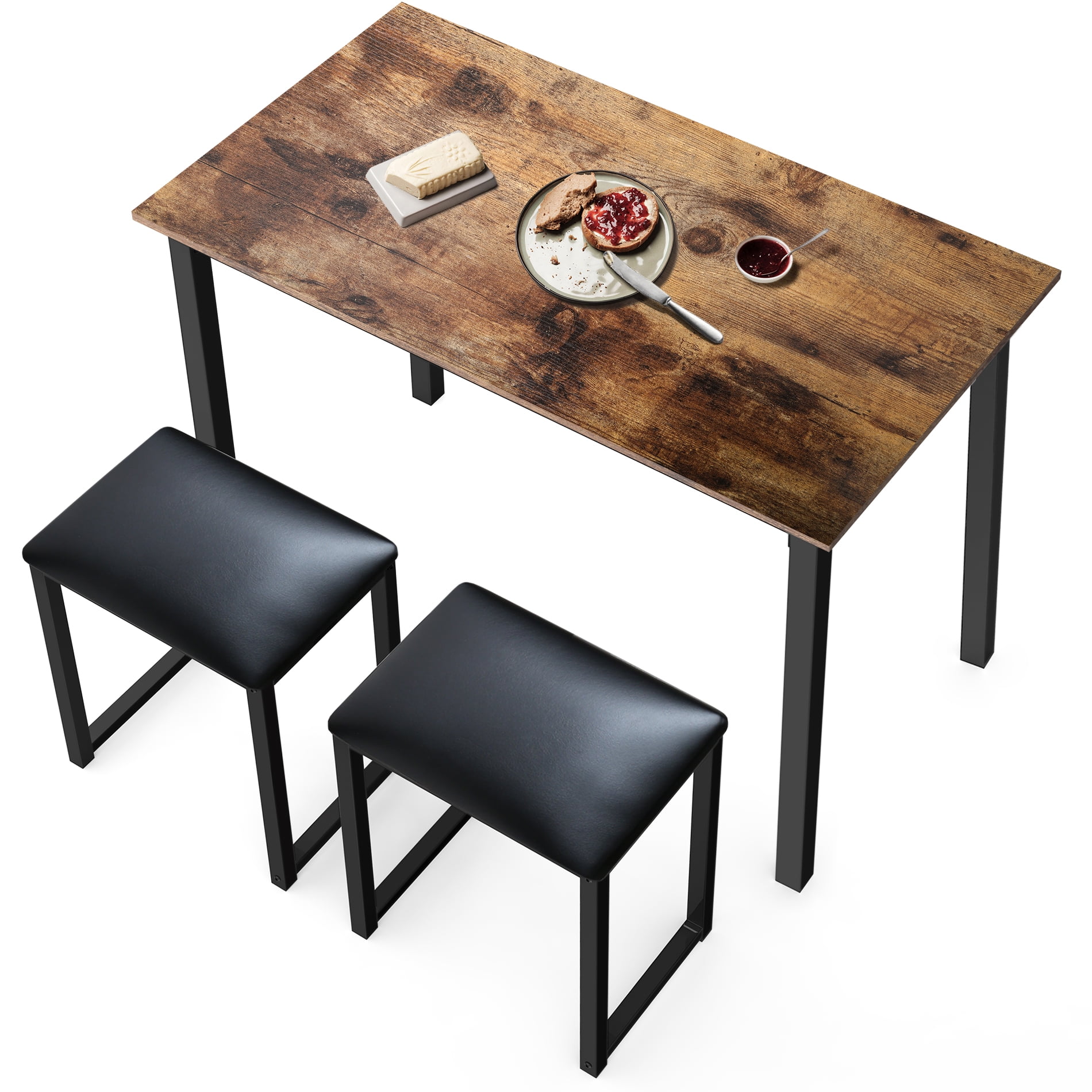 3 Piece Kitchen Dining Table Set with Padded Stools, Rustic