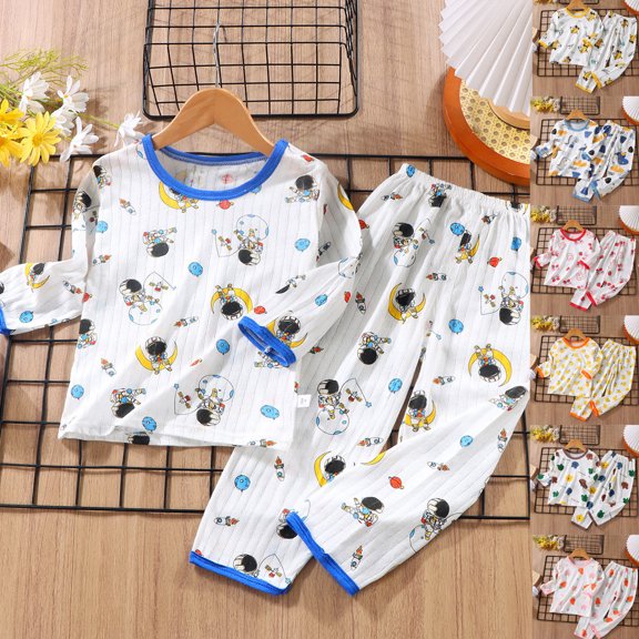 VOUZZA Toddler Baby Boy Outfits Summer Loungewear Set Long Sleeve Home Wear and Pants 2-Piece Clothing Set Soft Cotton Loungewear Air Conditioned Wear
