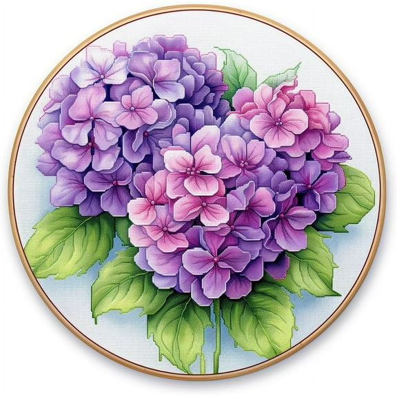 Purple Hydrangea Flowers Stamped Cross Stitch Kits for Beginners Easy with Hoop 11CT Needlepoint Embroidery DIY Counted Cross Stitch Kits Art Craft Wall Decoration 35x35cm(6)
