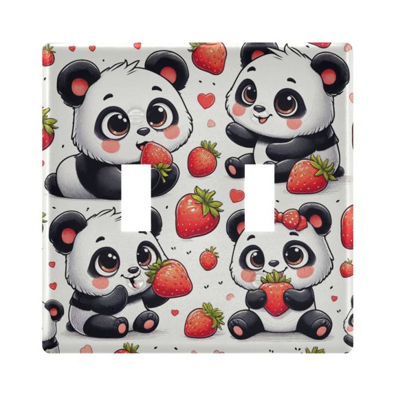 2 Gang Light Switch Cover Plate Cute Panda with Strawberry Wall Plate Decorate Electrical Outlet Cover Plates 4.56”x4.48”